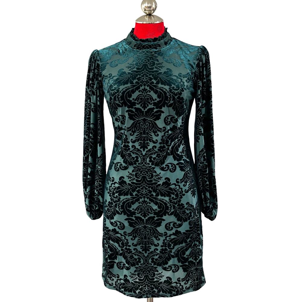 Vince Camuto green & black velvet burnout dress puff sleeves ruffle neck size 6